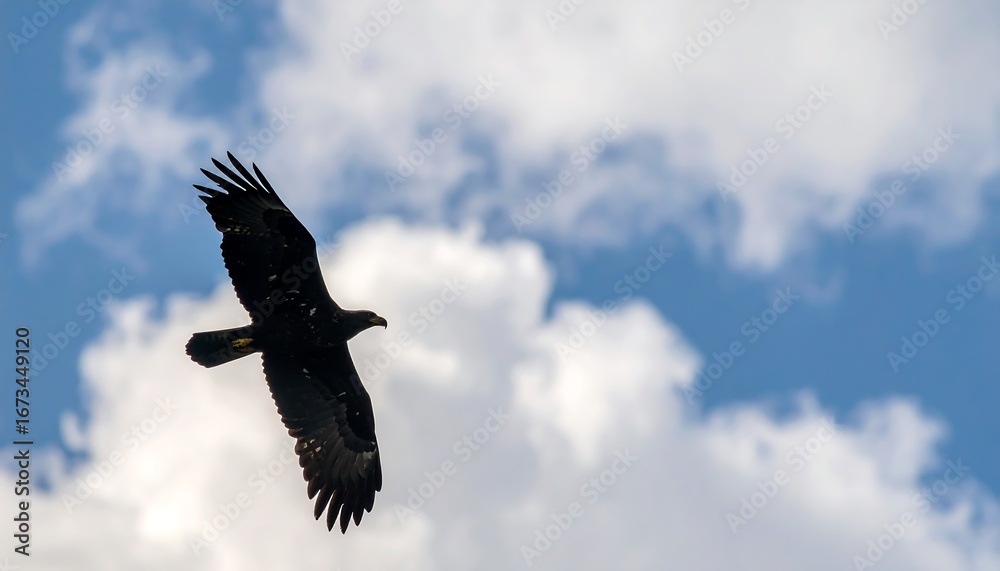 Obraz premium Shadow of soaring eagle over cloudy background, soft focus