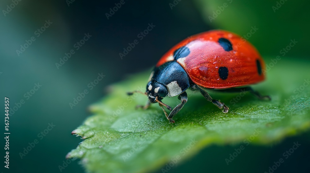 Fototapeta premium Red ladybug on green leaf