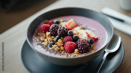 A vibrant smoothie bowl served in a modern gray dish, filled with a creamy berry base and topped with fresh raspberries, blackberries, blueberries, strawberries, crunchy granola, and chia seeds. The c