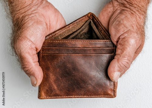 Empty brown leather wallet held in weathered hands