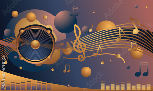 Playing music loudspeaker with notes on abstract geometrical background - sound flow musical design