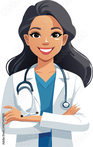 A smiling female doctor with dark hair and crossed arms, wearing a white coat and stethoscope.