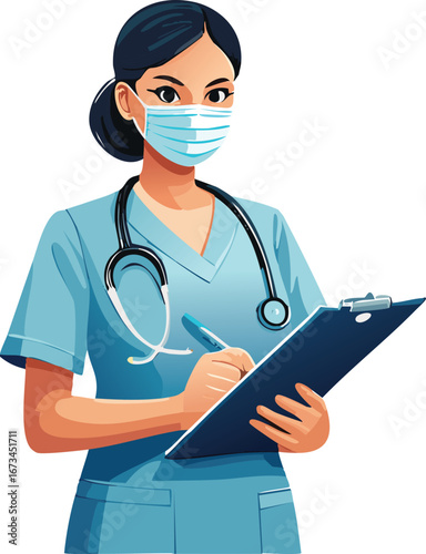 A female nurse in scrubs, wearing a mask, meticulously records notes on a clipboard.