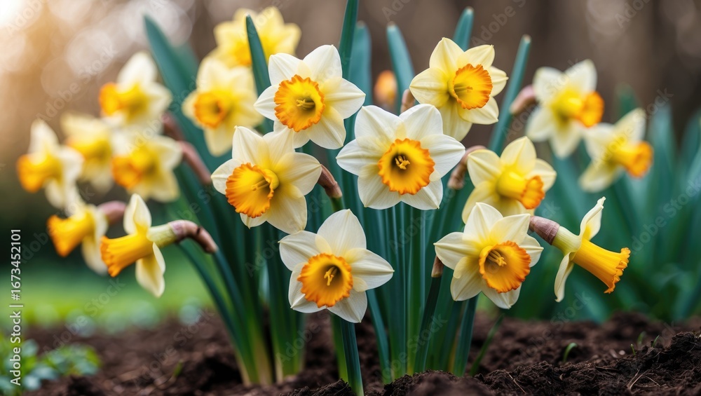 Fototapeta premium Bright yellow and white daffodils blooming in a garden bed. Springtime flowers, nature, and outdoor plant growth.