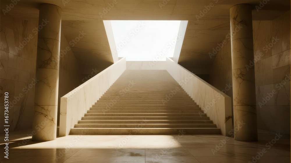 Obraz premium Sunlit Staircase Leading Upward with Radiant Glow at the Top, Creating Strong Contrast and Hope Symbolism