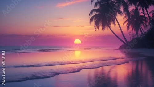 Sunset over a tropical beach with palm trees  vibrant colors  and calm waves. Summer vacation  nature scenery  sunset photography. The sunset and ocean scene.