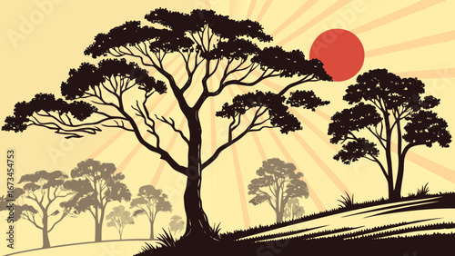 Stylized Black Silhouette Forest Scene with Sun