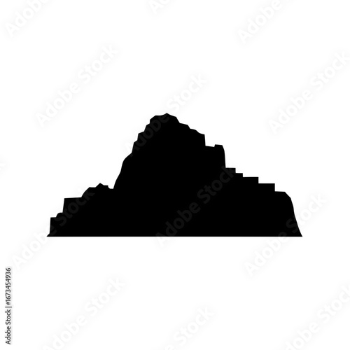 A stark black silhouette of a mountain range against a white backdrop