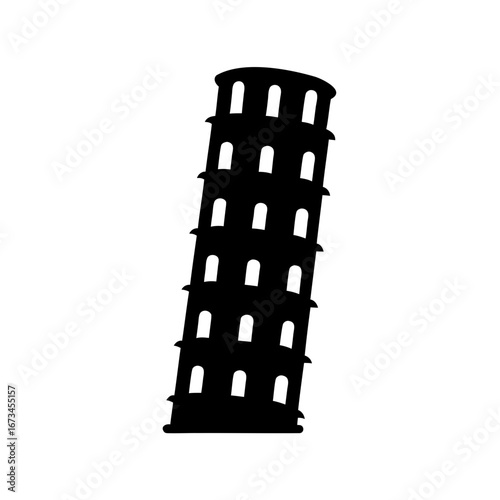 Black silhouette of the Leaning Tower of Pisa against a white background