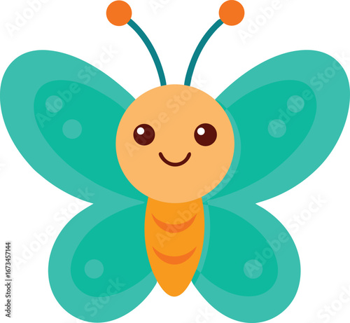 Funny cartoon butterfly illustration with cute insect character flying
