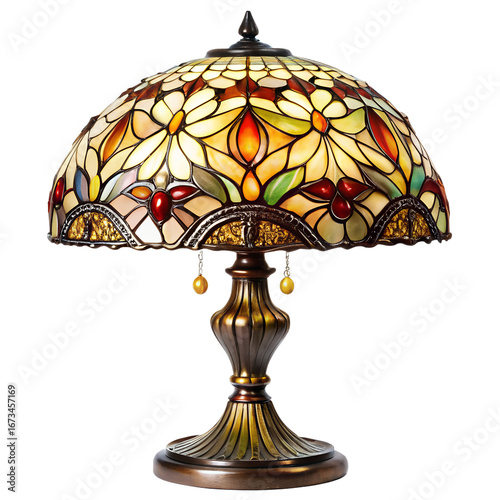 Beautiful tiffany style stained glass table lamp with intricate floral pattern, isolated on transparent background, providing warm and ambient lighting for any room