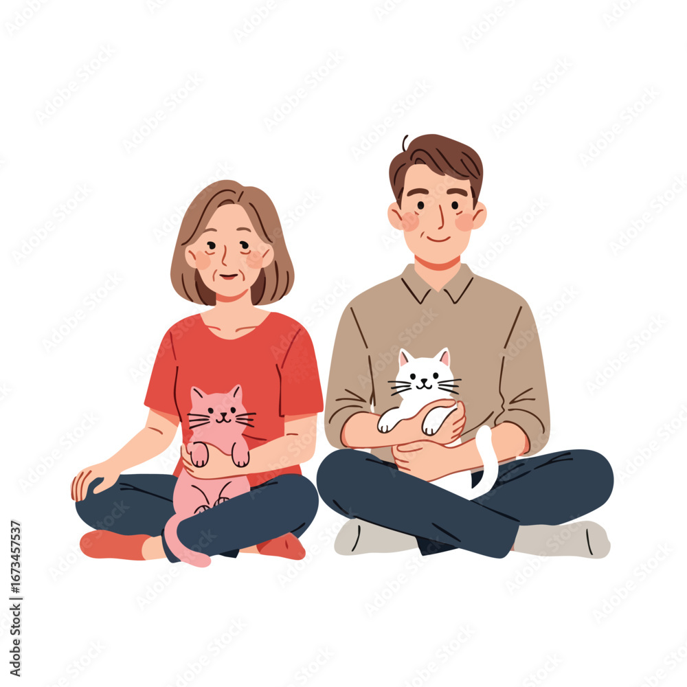 Obraz premium Couple sitting cross-legged with cats, expressing love for pets in a cozy illustration