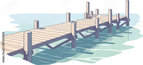 Tranquil Wooden Pier Extends into Serene Water Pastel Hues.