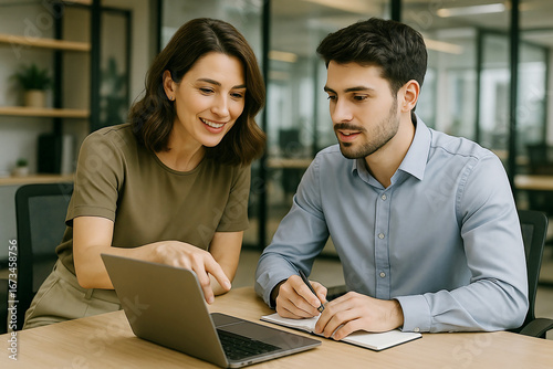 Woman points at laptop screen while man writes in notebook at desk people business