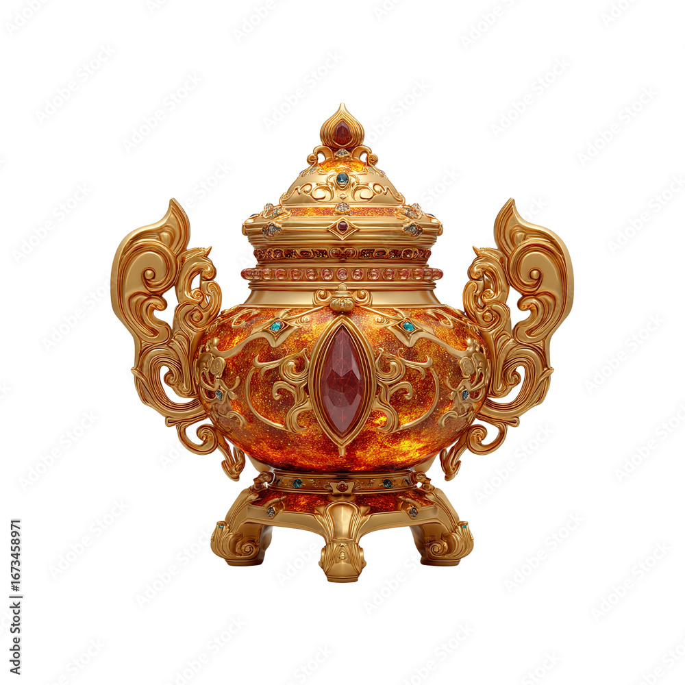 Fototapeta premium Ornate Golden and Amber Incense Burner with Gemstones - 3D Render