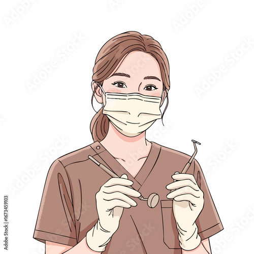 Dentist holding dental tools in uniform, showcasing professionalism and care for patients 