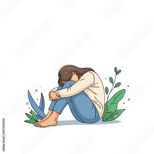 Woman sitting in a curled position surrounded by green plants expressing feelings of sadness and introspection in a minimalist design 