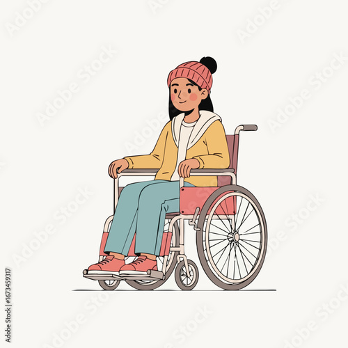 Young woman smiling in a wheelchair wearing a cozy outfit and a beanie hat 