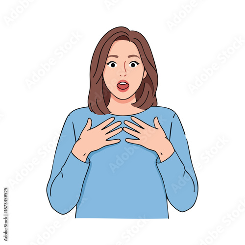 Woman expressing surprise with open hands and astonished facial expression in vector illustration style 