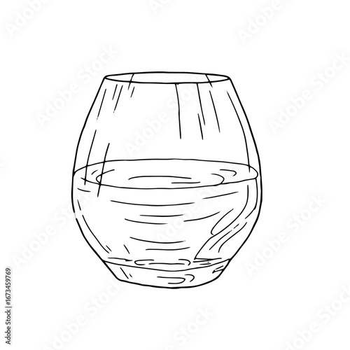 Elegant glass of cognac, black and white sketch. Vector illustration. Classic alcoholic drink, isolated on white background. Glass of whiskey or rum, printable