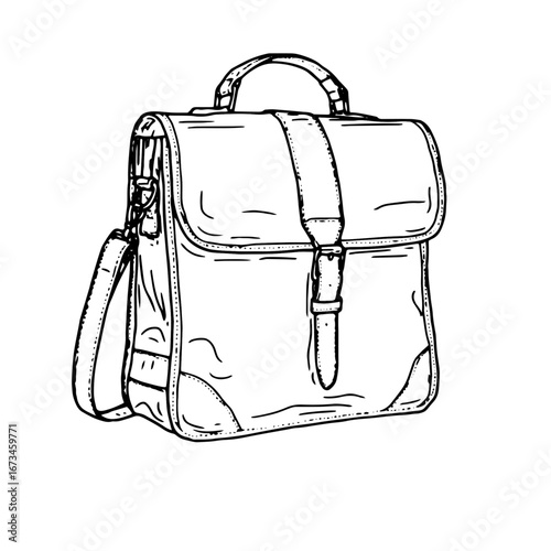 Leather men's shoulder bag, black and white ink sketch. Vector illustration of a bag for documents, necessary business accessories, isolated on a white background