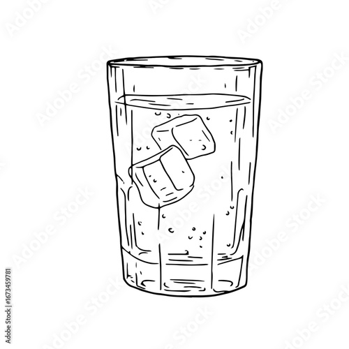 Glass of vodka or rum with ice cubes and lemon wedges, black and white sketch. Vector illustration. Classic alcoholic drink isolated on white background. Glass of whiskey, for postcards and printing.