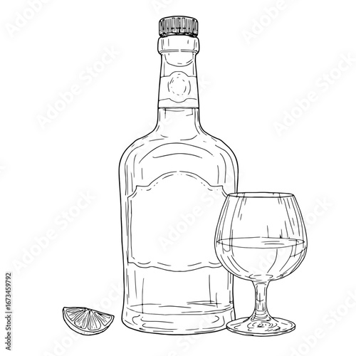 Rum or cognac bottle and glass goblet, black and white sketch. Vector illustration. Classic alcoholic drink and lemon wedge isolated on white background. Glass of whiskey or rum, printable.