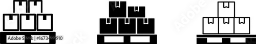 Silhouette of warehouse inventory. Iconic illustrations of stacked boxes on pallets, showcasing logistics and shipping themes, ideal for warehouse or supply chain contexts.