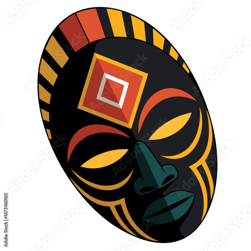 Set of African ethnic tribal masks on colour background in flat icons, ritual symbols perfect for cultural, traditional, and ethnic art designs.