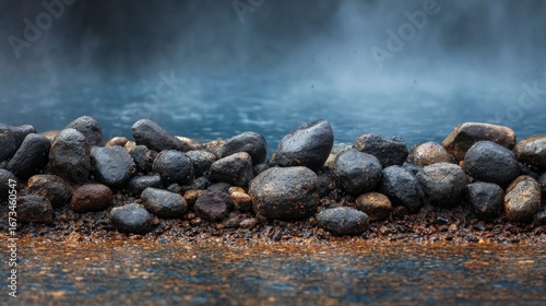 Rocks at waters edge misty landscape