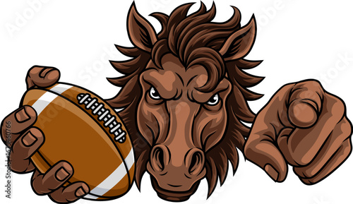 Horse mustang bronco stallion American football angry sports team mascot holding a ball.