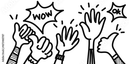 Doodle hands up, clapping ovation. applause, thumbs up gesture on hand drawn style. vector illustration