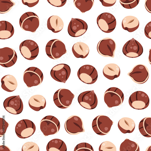 Hazelnut Seamless Pattern Flat Vector. Forest Nut Texture for Food Packaging Design, Cafe Menu Branding, Autumn Product Wrapping. Repeat Background for Textile, Wallpaper, Gift Paper. Organic Style