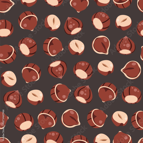 Hazelnut Seamless Pattern Flat Vector. Forest Nut Texture for Food Packaging Design, Cafe Menu Branding, Autumn Product Wrapping. Repeat Background for Textile, Wallpaper, Gift Paper. Organic Style