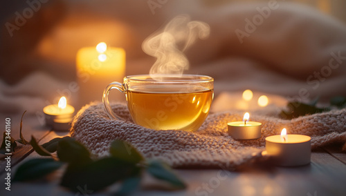 clear glass cup of tea on soft knitted surface with lit candles