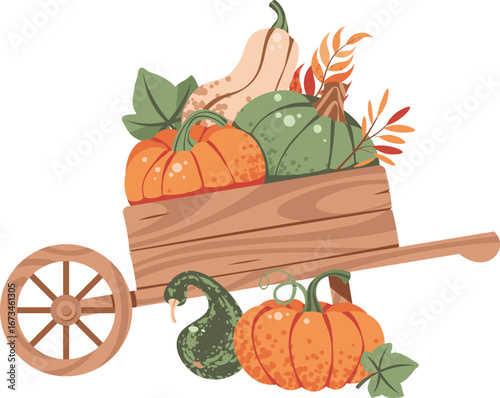 Wooden Wheelbarrow with Pumpkins Flat Vector Illustration Isolated on White. Harvest Festival Design, Autumn Decor, Thanksgiving Graphic, Seasonal Branding, and Farmhouse. Ideal for Print, Digital Use