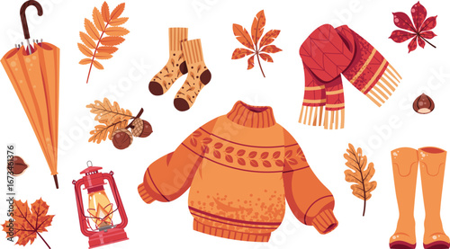 Autumn Cozy Elements Set Flat Vector. Sweater, Scarf, Rubber Boots, Umbrella, Kerosene Lamp. Warm Essentials for Stickers, Logos, Card Design, Posters. Seasonal Branding, Fall Decor, Rustic Style.
