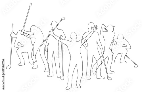 Silhouette golf player set. Active golfers golfing sports people healthy players fitness silhouettes concept.