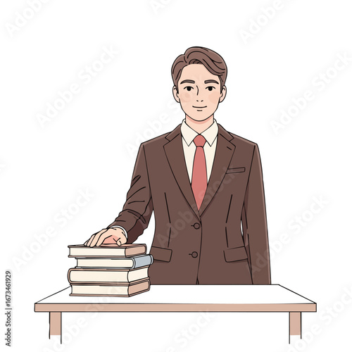 Professional man in a suit standing by a stack of books on a table, embodying knowledge and confidence 
