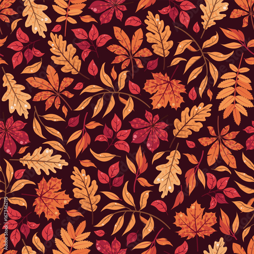 Autumn leaves seamless pattern. Falling leaf repeat background with Oak, maple, chestnut, rowan foliage in cartoon style. Fall season vector texture. Perfect for wallpaper, wrapping paper, textile.