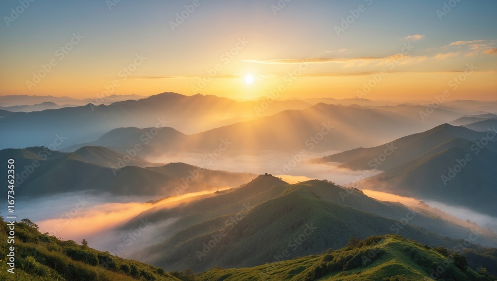 Fototapeta premium Sunrise over mountain range with mist and valleys, scenic landscape, natural beauty, tranquility, and atmospheric perspective.