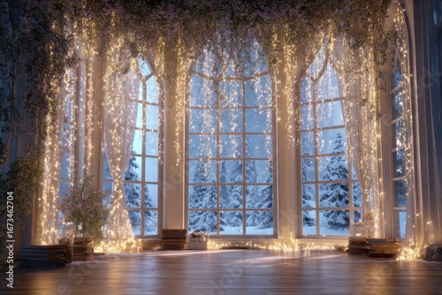 Enchanting Winter Window - Fairy Lights  Frozen Forest View.