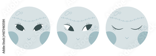 Hand drawn boho moon characters with human face. Cartoon moon set. Vector illustration