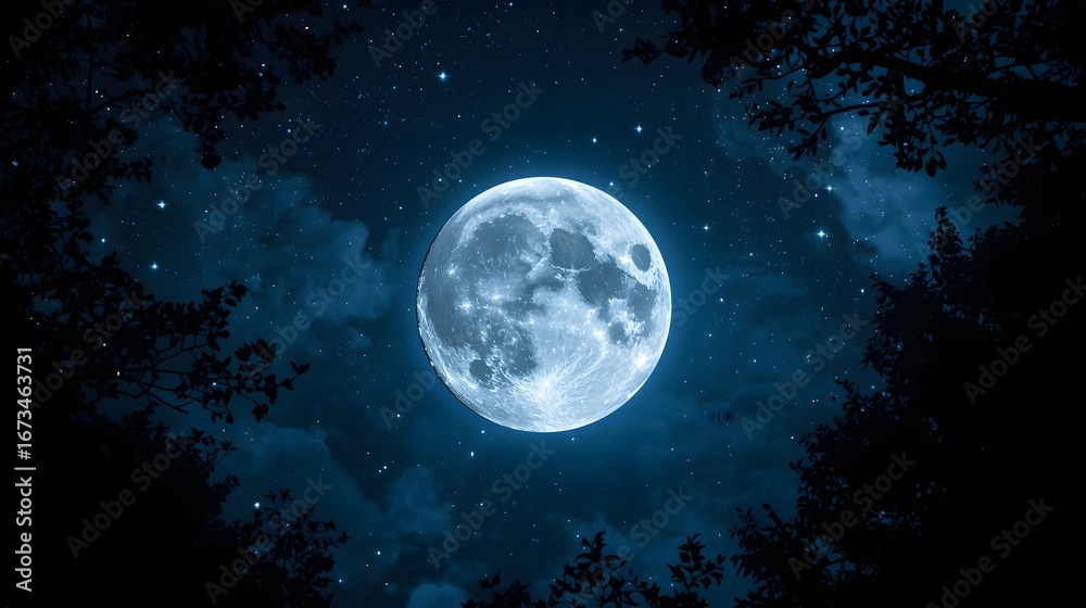 Fototapeta premium Bright full moon glowing in the night sky surrounded by stars and framed by dark silhouettes of trees, creating a mystical and atmospheric celestial landscape perfect for background or wallpaper.