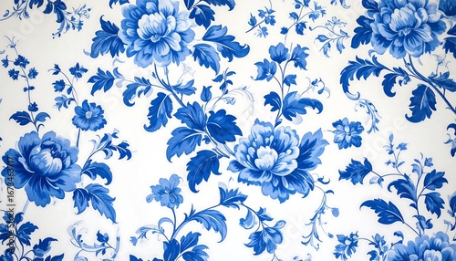 Blue floral pattern on white background; repeating design of stylized blossoms and leaves