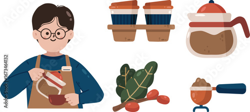 Collection Coffee Illustration Element Barista, Coffee Pot, Portafilter