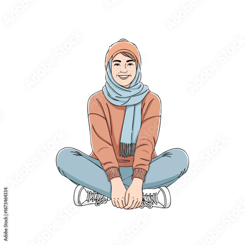 Young woman sitting cross-legged, wearing a fashionable outfit and a scarf, exuding a sense of calm and contentment in a minimalist style 