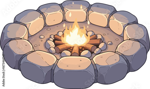 Cartoon Campfire with Rocks: Cozy Fire Pit Illustration with Warm Light.