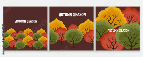 autumn background with beautiful natural scene, Sunny autumn forest, park nature landscape. Thanksgiving and Harvest Day. Leaf fall horizontal banner, poster, card set. forest of vibrant autumn trees.