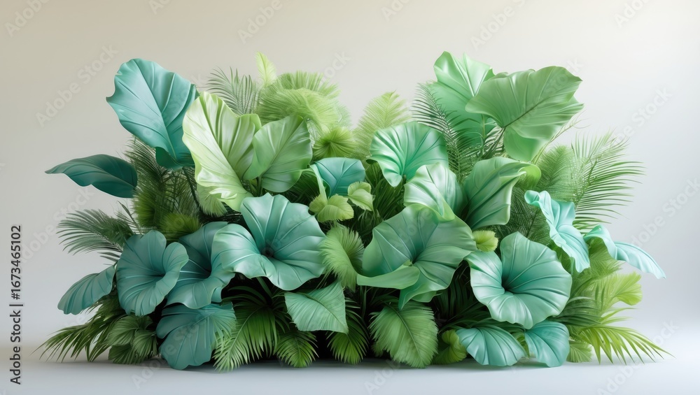 Fototapeta premium A lush arrangement of green tropical leaves and plants displayed indoors.